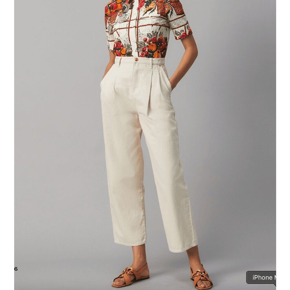 Tory Burch Denim Trouser Barrel Jean Natural Chalk Wash Pleated Crop Pants 2 - Picture 4 of 6